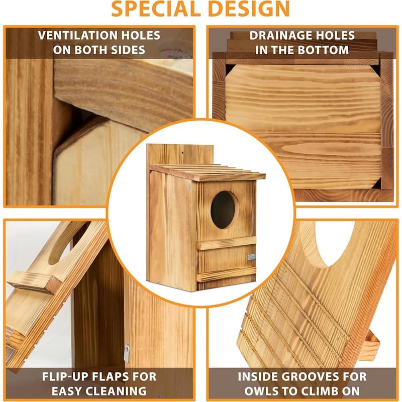 Brown Wood Outdoor Screech Birdhouse with Ventilation and Scratching Pole - 9 x 7.5 x 14.5 inches (L x W x H)