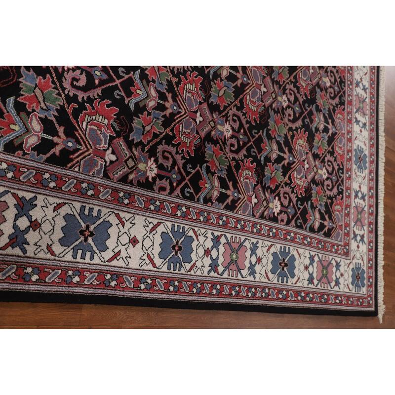 All-Over Black Heriz Oriental Area Rug Hand-Knotted Wool Carpet - 8'11"x 11'7"
