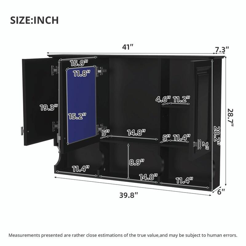 41-Inch Mirror Medicine Cabinet with Open Shelves, Wall-Mounted Storage with Doors & Mirror