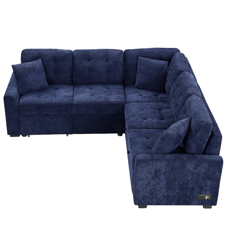 82.6-inch L-shaped Pull-out Sleeper Sofa with Wheels, USB Ports, Power Sockets - 82.6"W x 82.6"D x 33"H