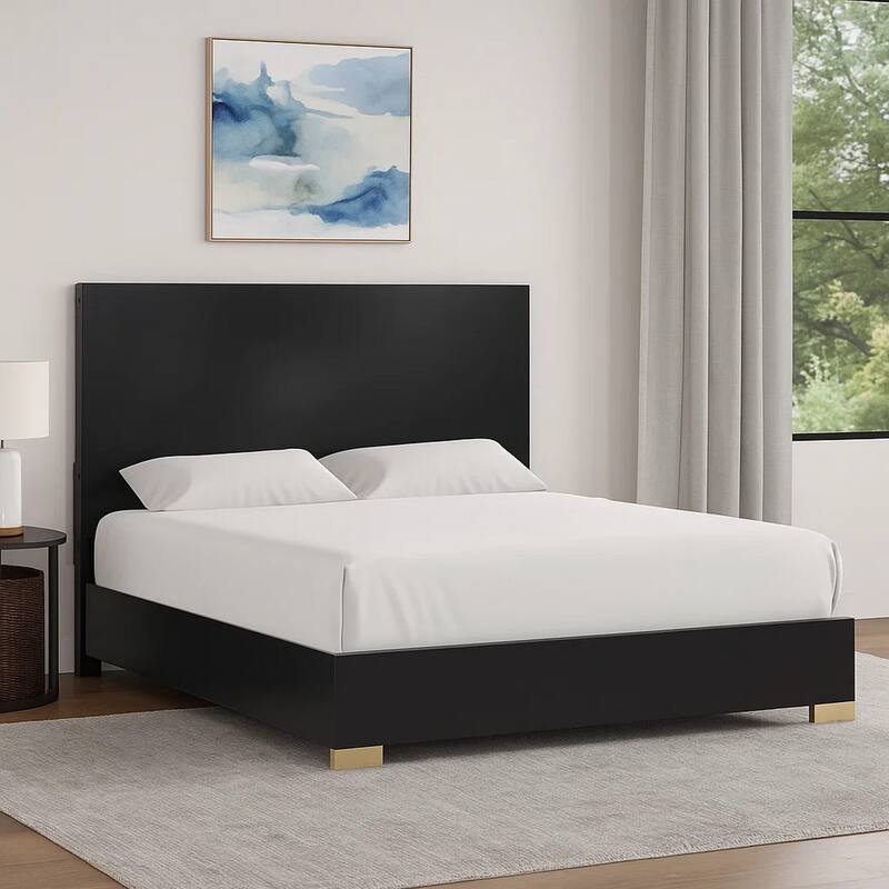 Goldie Queen Size Panel Bed, Black and Gold Pine Wood, Contemporary