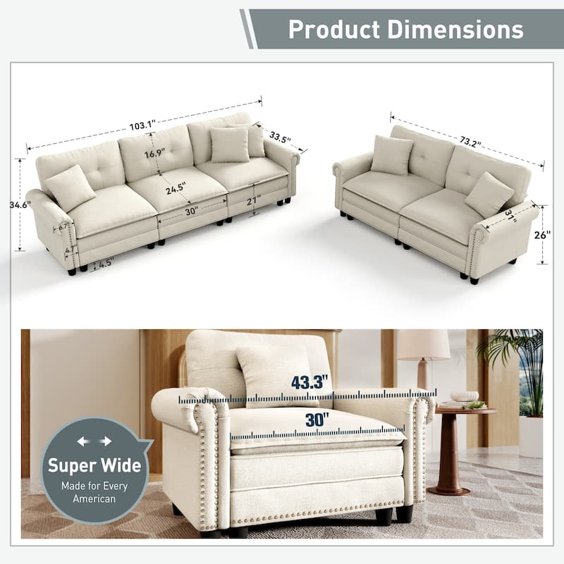 MAISON ARTS Mid-Century Modern Oversized Modular Sectional Couch Set with Ottoman, Cloud Sofa with Throw Pillows for Living Room