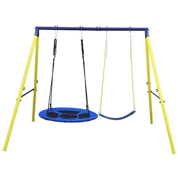 slide 2 of 8, Yellow-Blue Metal Swing Set with Safety Belt for Indoor-Outdoor Use - 96”L x 69”W x 73”H Blue-Yellow