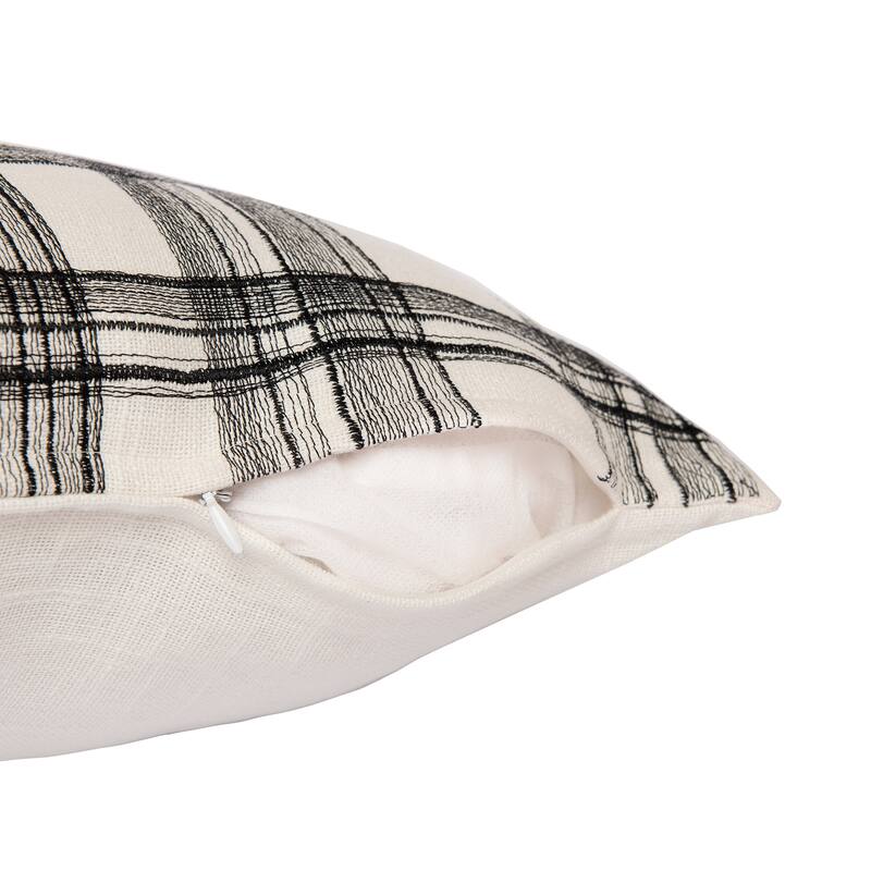 HomeRoots 20" White and Black Check Cotton Blend Throw Pillow With Embroidery