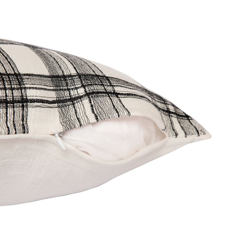 HomeRoots 24" White and Black Check Cotton Blend Throw Pillow With Embroidery