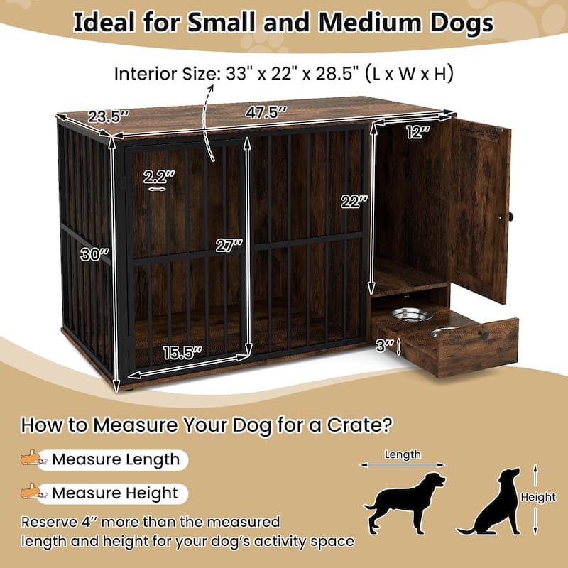 Gymax 47 5''Dog Crate End Table w/ Hidden Bowls & Storage