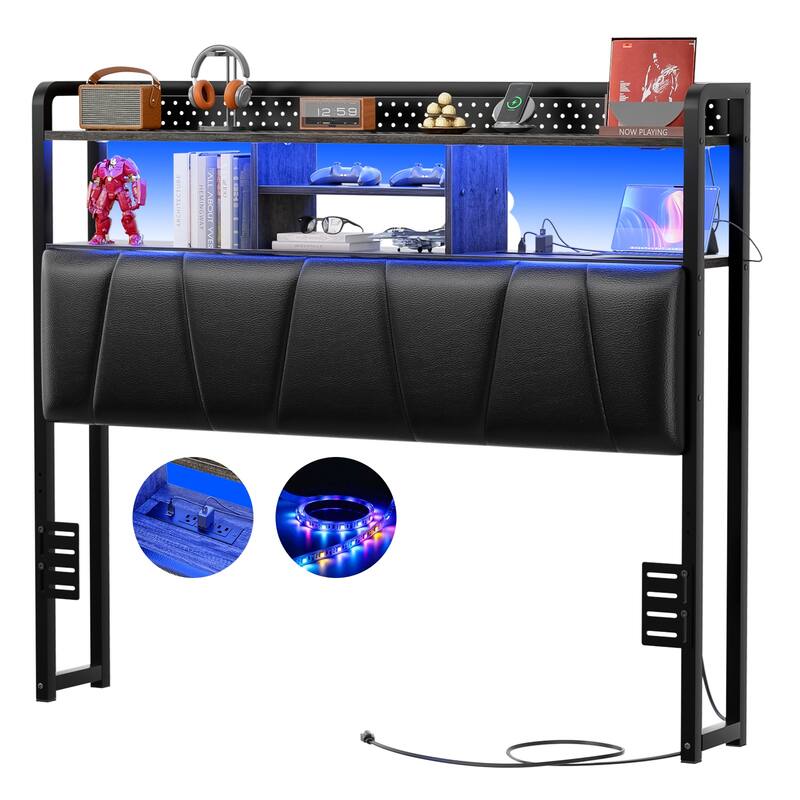 Upholstered Headboard with Pegboard and Charging Station, Storage Headboard Shelves and LED Light