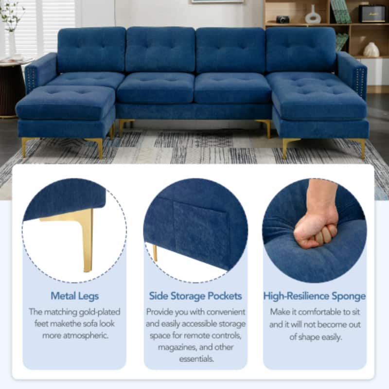 U-Shape Convertible Sectional Sofa with Movable Ottoman and Gold Metal Legs