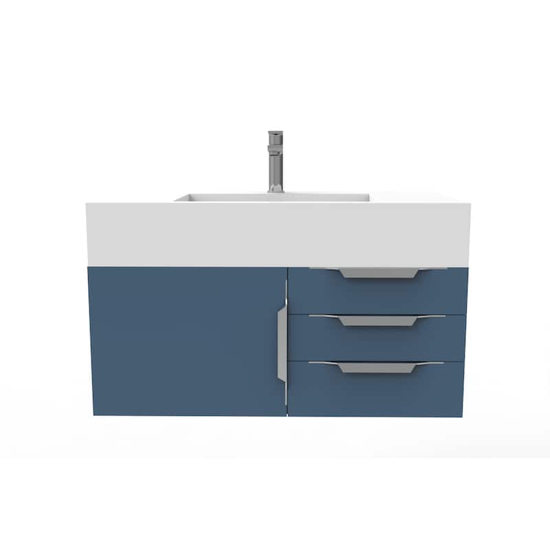Nile 36-Inch Wall Mounted Bathroom Vanity Set w/ White Top - Brushed Nickel Finish - Blue