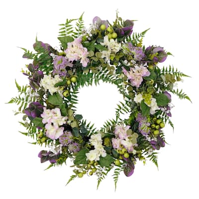 Puleo International 30" Artificial Hydrangea Floral Spring Door Wreath, Green/Purple