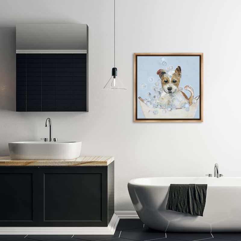 Stupell Fun Bubbles Puppy Bath Framed Floater Canvas Wall Art Design By Sally Swatland