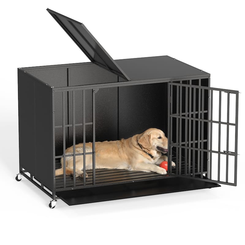 BOSSIN 48/42 inch Heavy Duty Steel Dog Crate Kennel with Wheels, Escape-Proof, Removable Tray for Large Dogs, Black - 48 inch