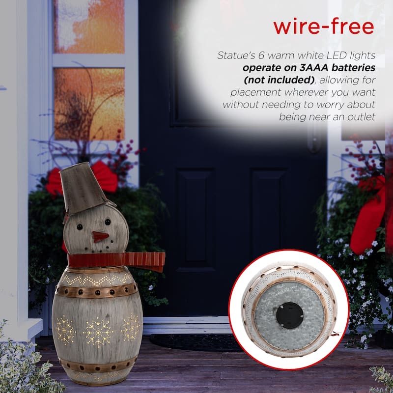 Alpine Corporation 30"H Indoor/Outdoor Metal Barrel Snowman Christmas Holiday Decoration with LED Lights - Silver