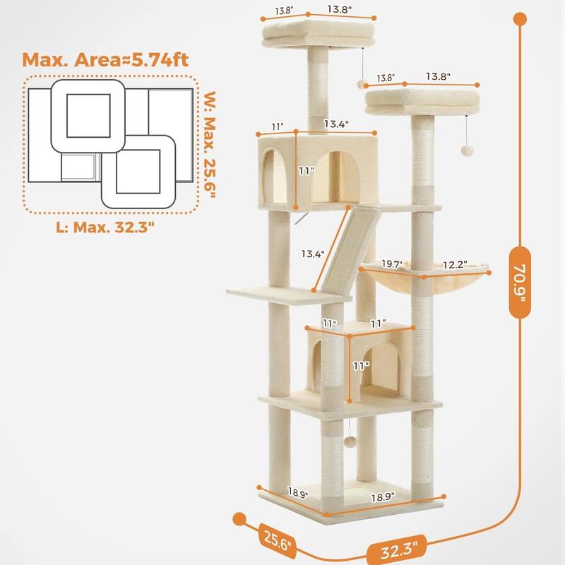 Large cat tree with apartment, hammock and toy ball
