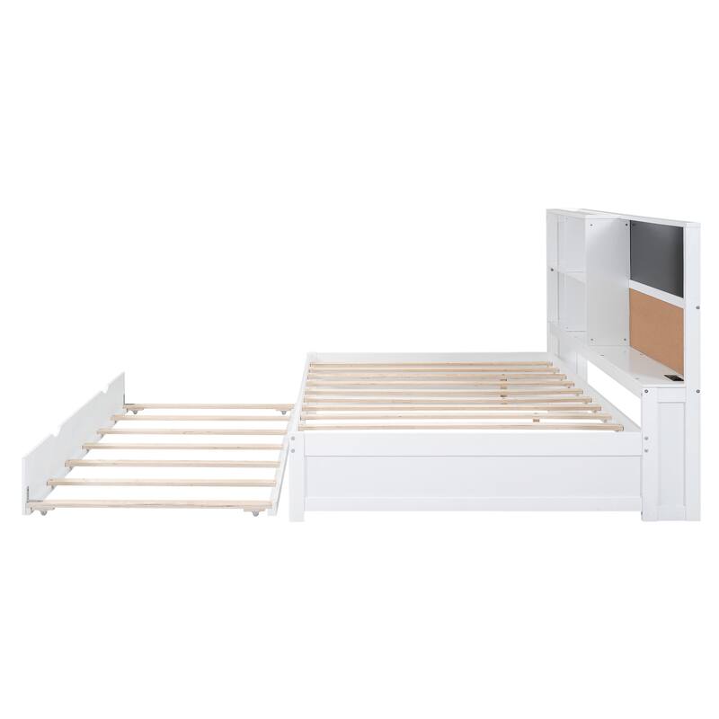 Full Size Wood Daybed with Storage Shelves, Blackboard, Cork Board, USB Charging Ports, and Trundle