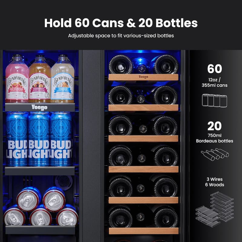 Yeego 23.4 in.20-Bottle Wine and 60 Can Beverage Cooler Dual Zone Refrigerator Under-Counter/Freestanding French Door Fridge