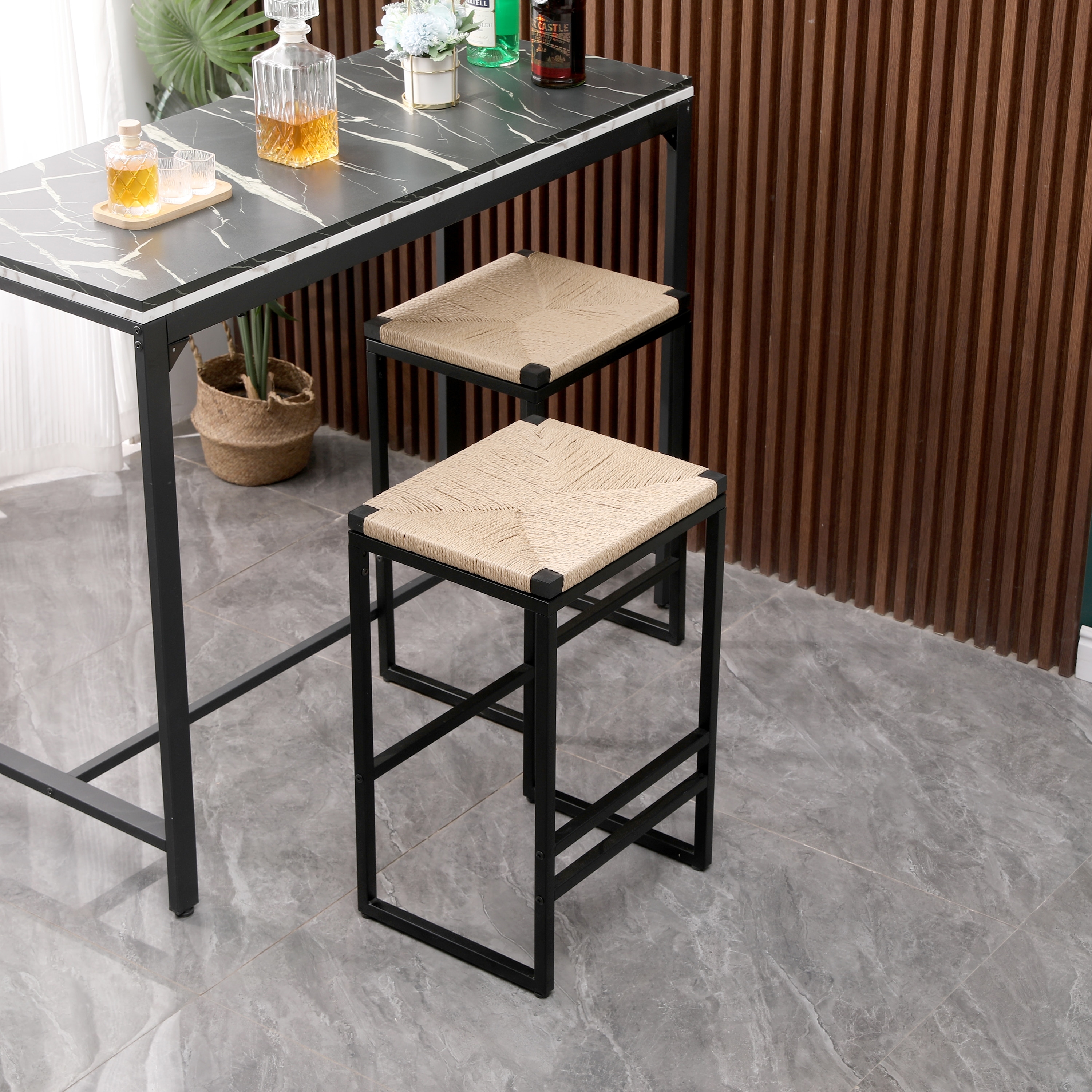 Boho Set of 2 Backless Bar Stools with Handwoven Paper Rope Seat, Metal Frame & Footrest by GDFStudio