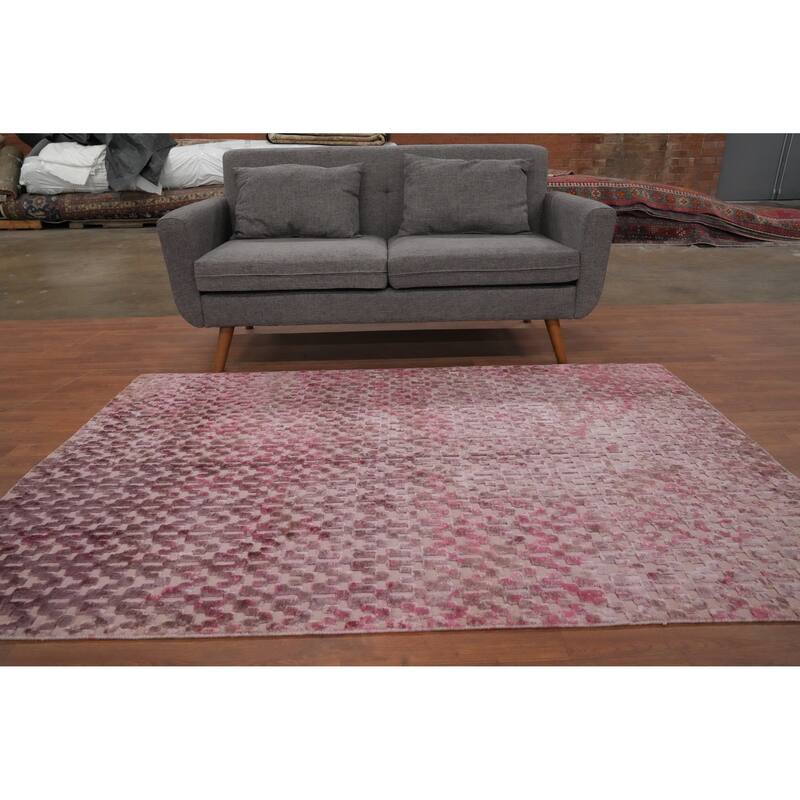 Hand Knotted Oriental Viscose Silk Carpet Modern Geometric Pink Abstract Area Rug - 6' 10'' X 4' 8''