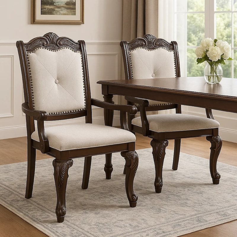 Cary Dining Armchair Set of 2, Beige Linen, Scrolled Coffee Brown Wood