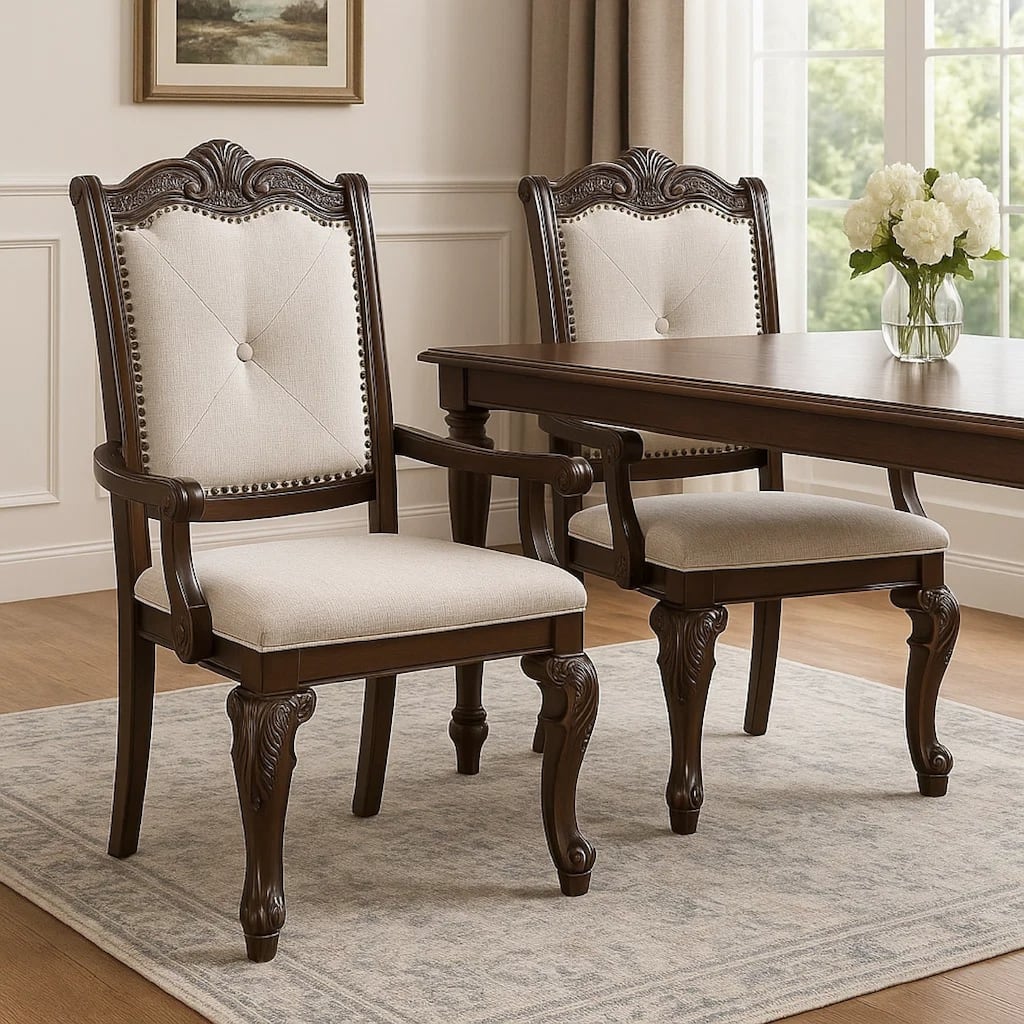 Cary Dining Armchair Set of 2, Beige Linen, Scrolled Coffee Brown Wood