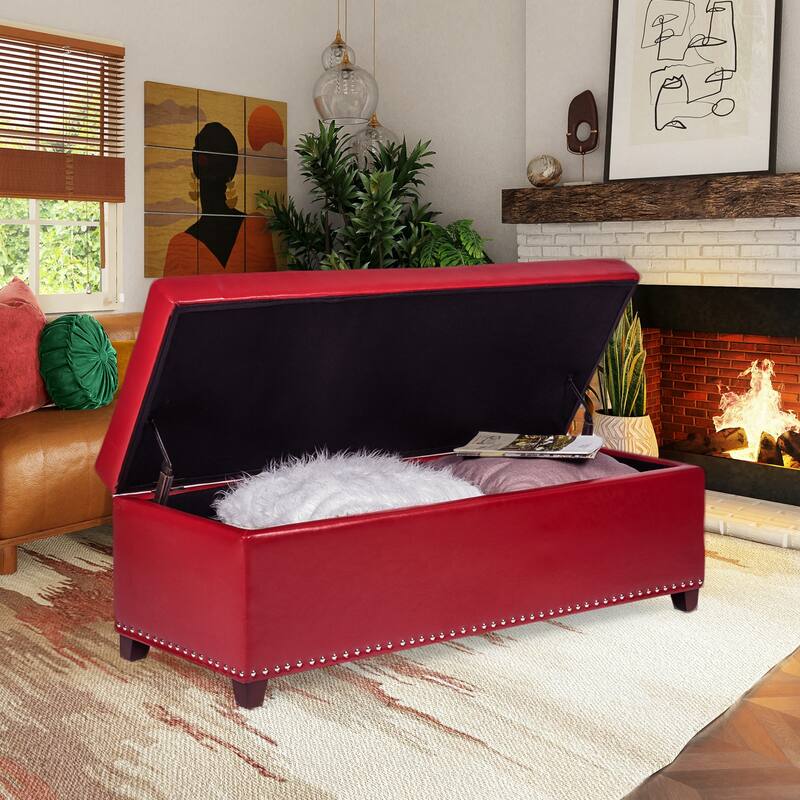 Adeco 46" Faux Leather Storage Ottoman Bench with Nailhead Trim