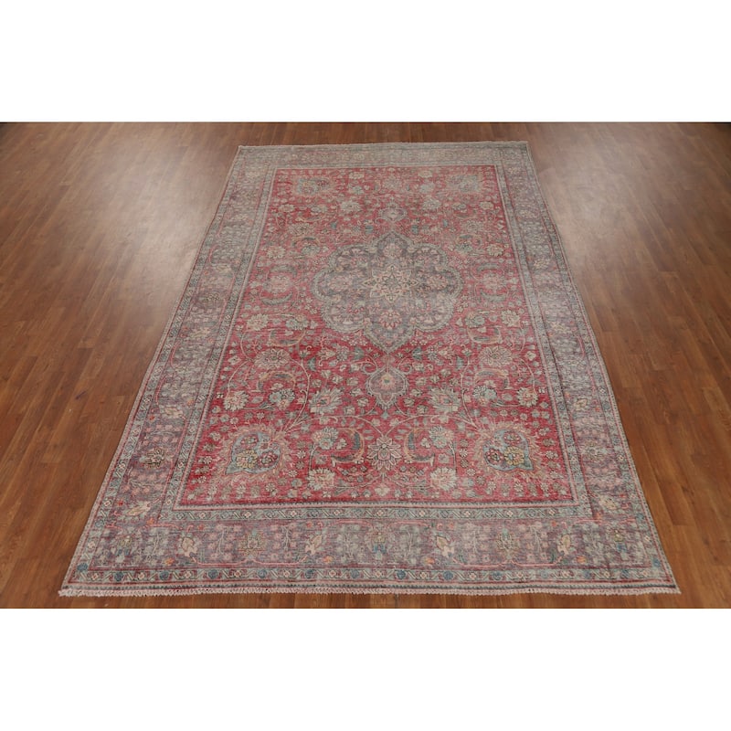 Tabriz Persian Vintage Rug Hand-Knotted Pink Traditional Wool Carpet - 6'9" x 10'3"