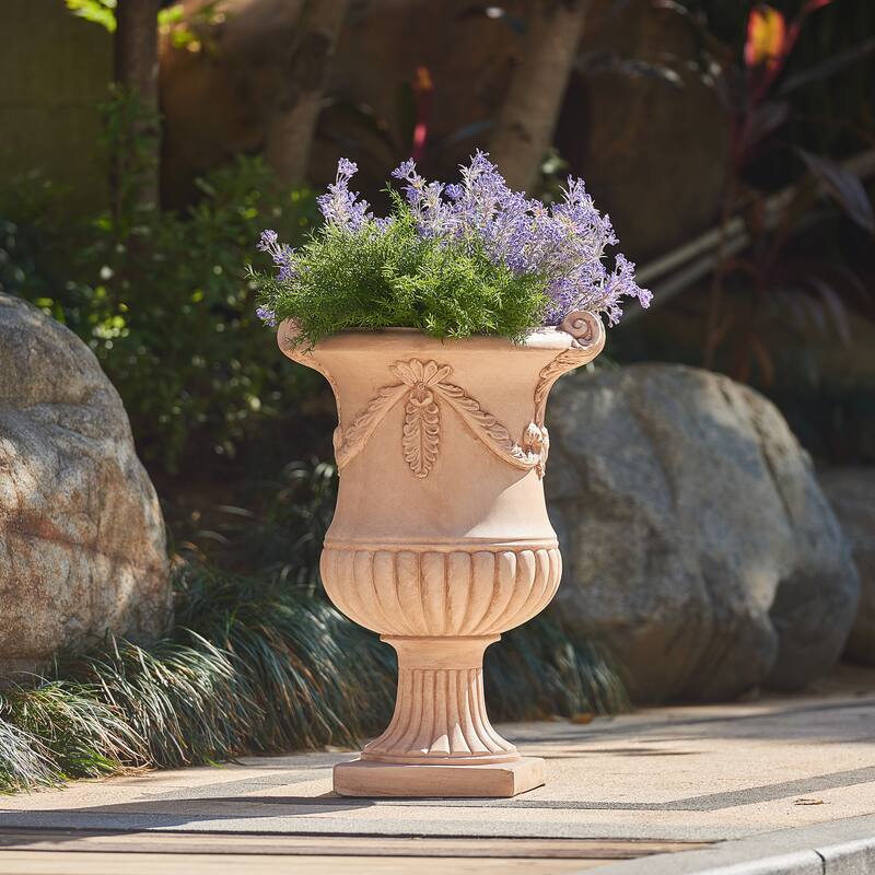 Christopher Knight Home - Fernrise 24.80"H Outdoor Classical Floral Relief Carvings MGO Urn Planter, Drainage Hole & Ventilation - Terracotta - 1-Piece