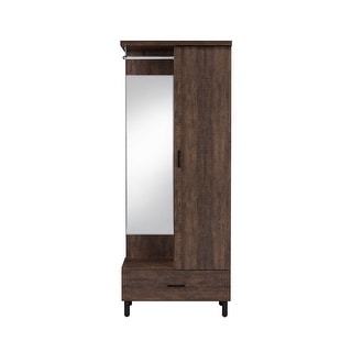 Modern Hall Tree with Mirrored Back Panel Open Compartment, Wood Entryway Shelf Shoe Storage Bench for Living Room