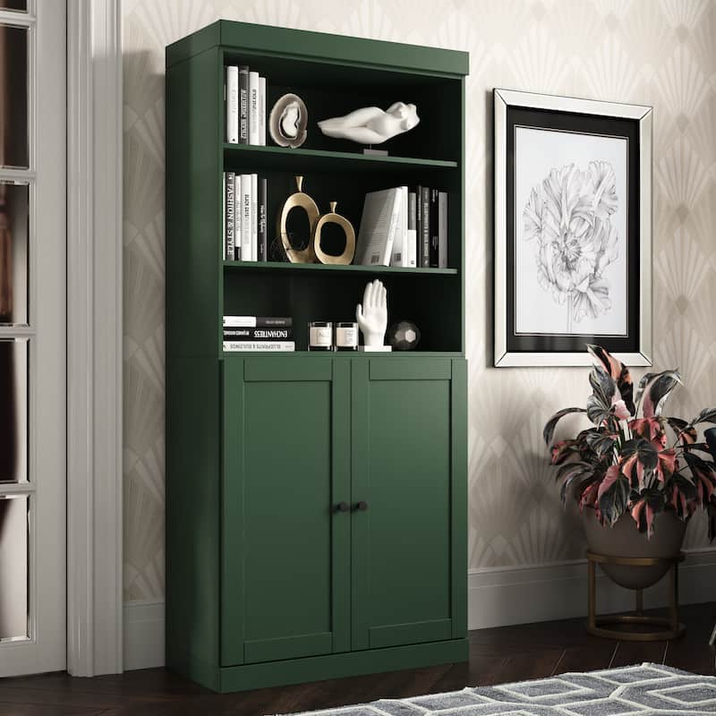 Solid Wood Tall Bookcase with Doors, Adjustable Shelves, Modular Storage, Open Display Bookshelf, 32" W x 71.5" H