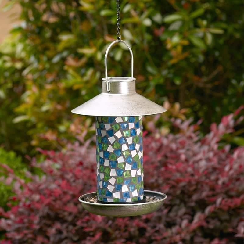 Adelie Mosaic Glass Bird Feeder with Solar Light - Blue