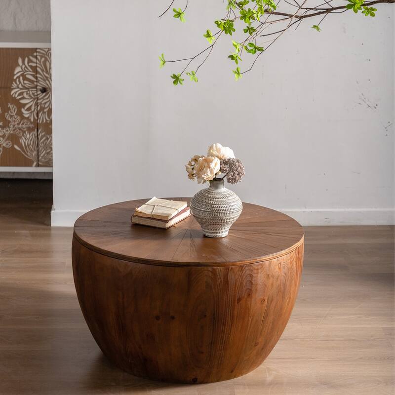 Vintage 31.50" Bucket Shaped Coffee Table with Hidden Storage, Solid Wood Center Table for Office, Living Room