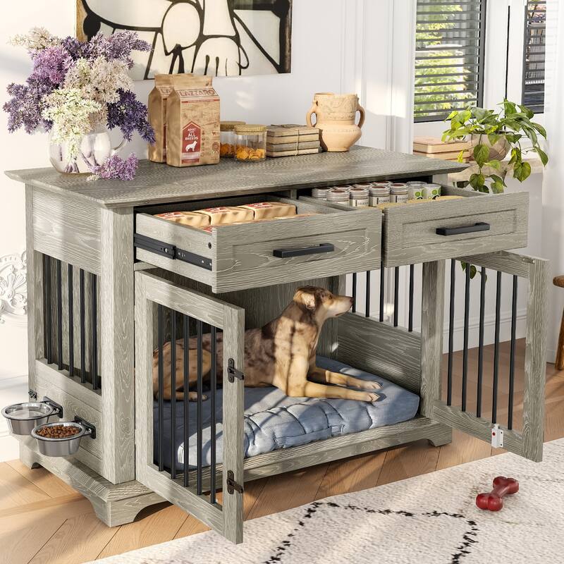 2 Doors Decorative Pet Cage Dog House with 2 Storage Drawers and Rotating Bowls, Wooden Large Dog Crate Furniture - Grey