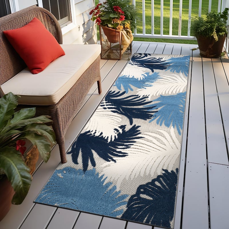 World Rug Gallery Tropical Floral Indoor/Outdoor Area Rug - 2' 7" x 10' - Navy