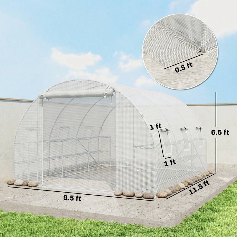 Outsunny 10'x11'x6' Walk-in Tunnel Greenhouse with Shelves, Mesh Door and Windows, Hoop House Greenhouse with PE Cover