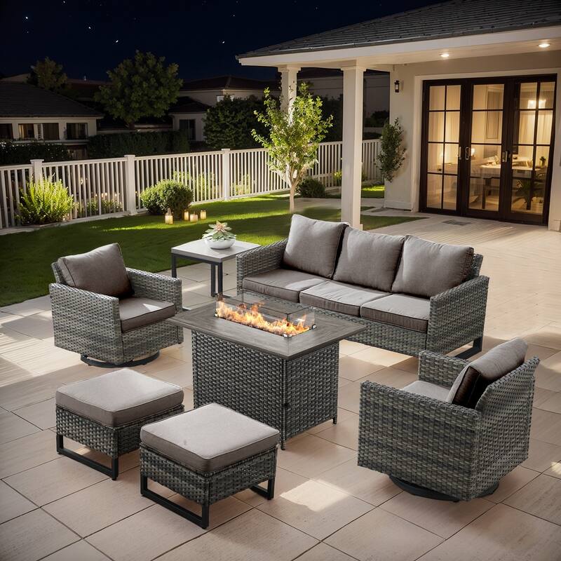 Outdoor Sofa Swivel Chairs Ottomans and Fire Pit Table - Grey - Grey