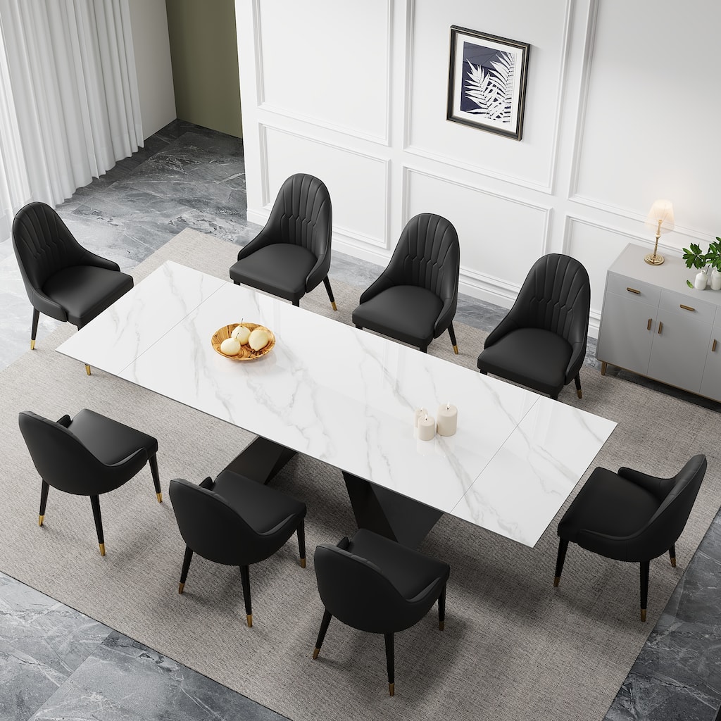 9 - Piece 110.24'' Extendable Sintered Stone Dining Table and 8 Leather Chairs Dining Set