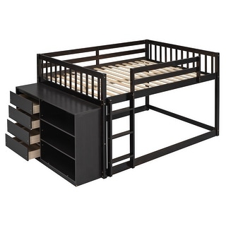 Full Over Full Low Bunk Bed with Storage, Wood Floor Bunk Beds with 4 Drawers and 3 Shelves, for Kids, Girls Boys, Teens, Adults