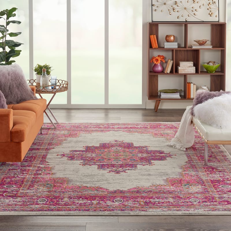 Nourison Passion Vintage Persian Medallion Area Rug - 9' x 12' - Ivory/Fuchsia - Runner/Rectangle