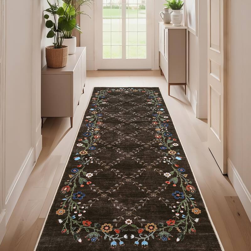 Floral Area Rugs for Living Room Low Pile Non Slip Rugs Washable Soft Foldable Accent Carpet Home Decor