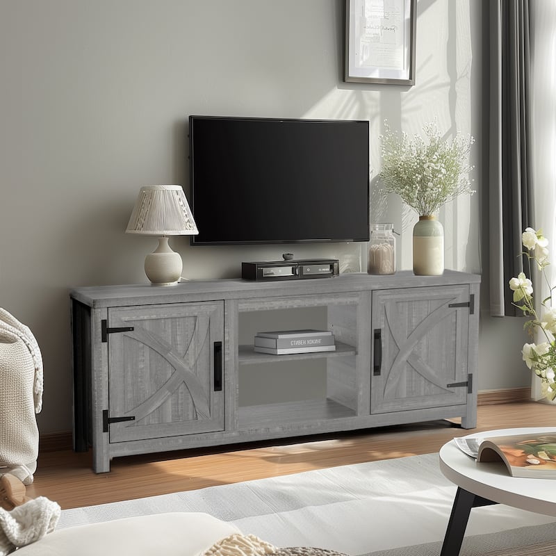 58-inch Farmhouse White Media Console TV Stand for TVs up to 65" with Door and Open Shelves