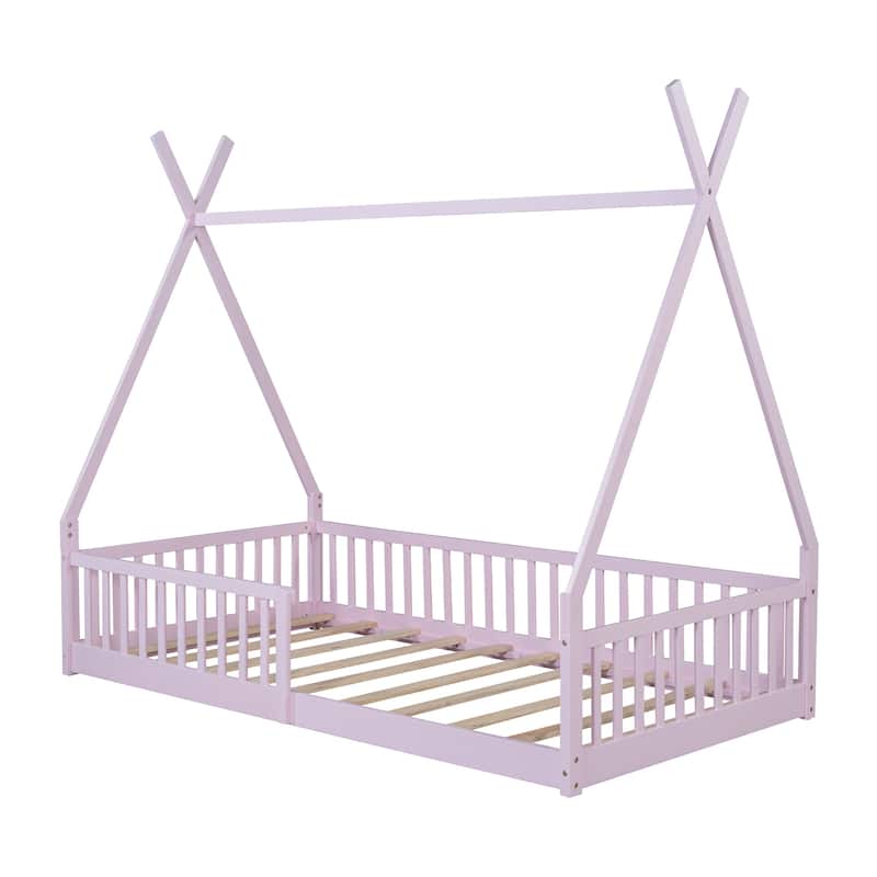 Twin Size Floor Bed, Platform Bed Frame with Fence and Roof, Solid Wood Playhouse Bedframe w/Open Door, No Box Spring Needed