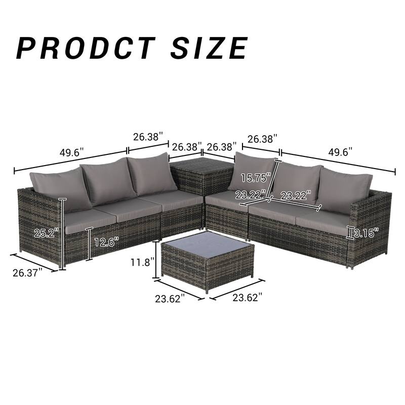 6-Piece Outdoor Patio Wicker Sectional Sofa Set with Corner Table & Glass Top Table