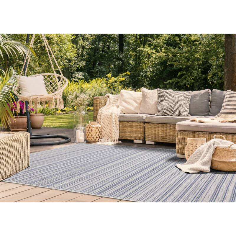 Cabana Collection - Blue/Grey Textured Stripes Outdoor Rug
