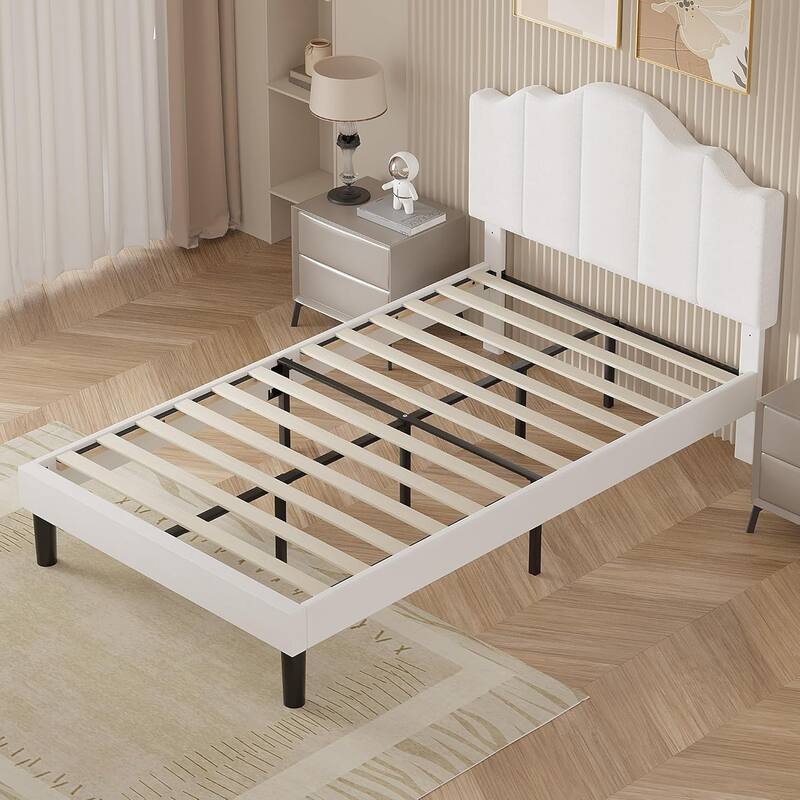 VECELO Modern Upholstered Platform Bed with Adjustable Headboard, Dark Blue/ White/ Grey/ Beige Bed Frames
