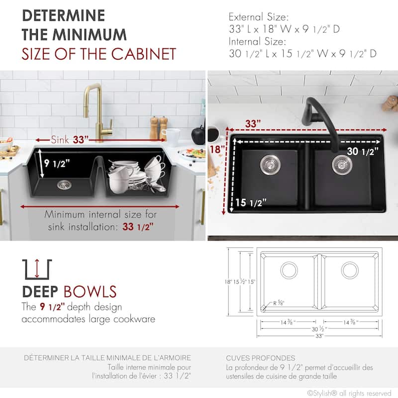 STYLISH Dual Mount 33" Double-Bowl Composite Granite Kitchen Sink - 33" x 18" x 9.5"