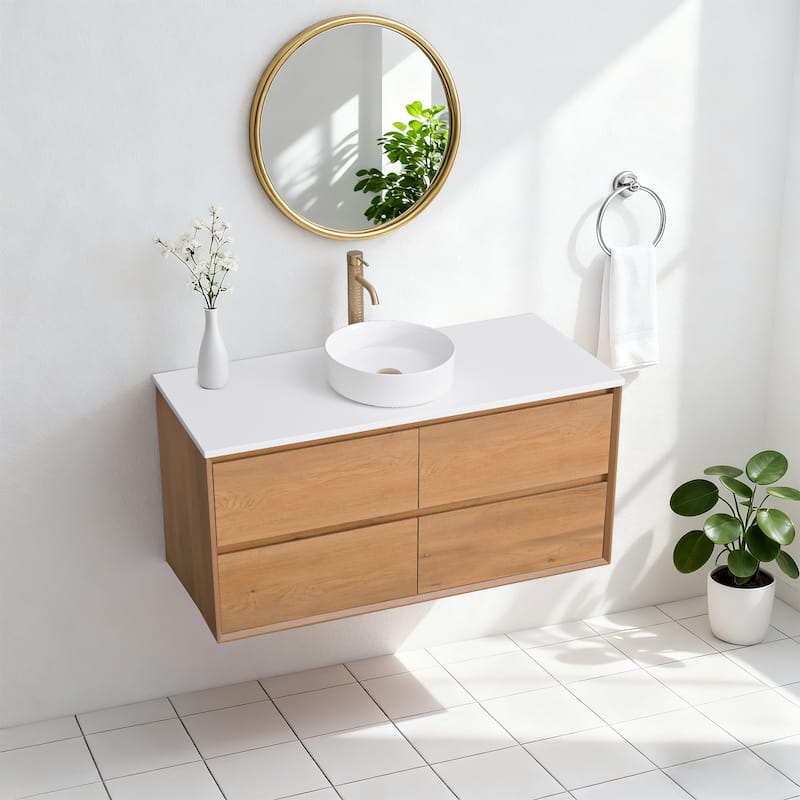 Sylphar 48 inch Toffee Oak Floating Bathroom Vanity with White Quartz Top