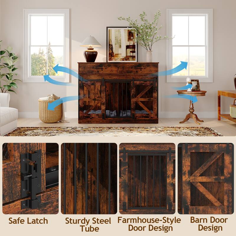 Double Dog Crate Furniture w/Drawers for Small Dogs, Rustic Farmhouse Dog Kennel End Table, Sliding Barn Doors - 47.2"W