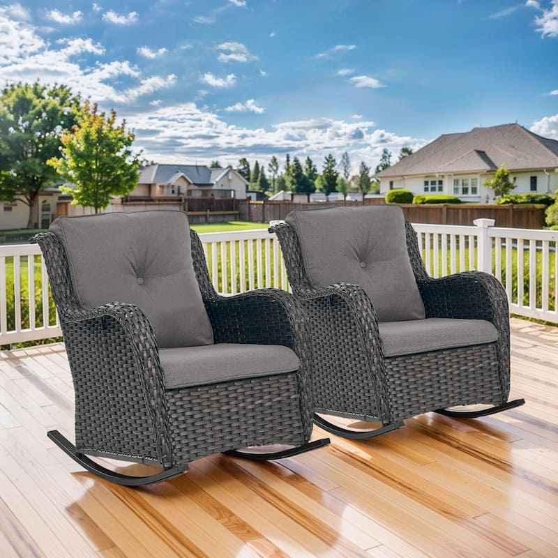 Gymojoy Comfortable PE Rattan Wicker Outdoor Rocking Chair Set of 2 - 2-Piece - Brown Wicker / Grey Cushion