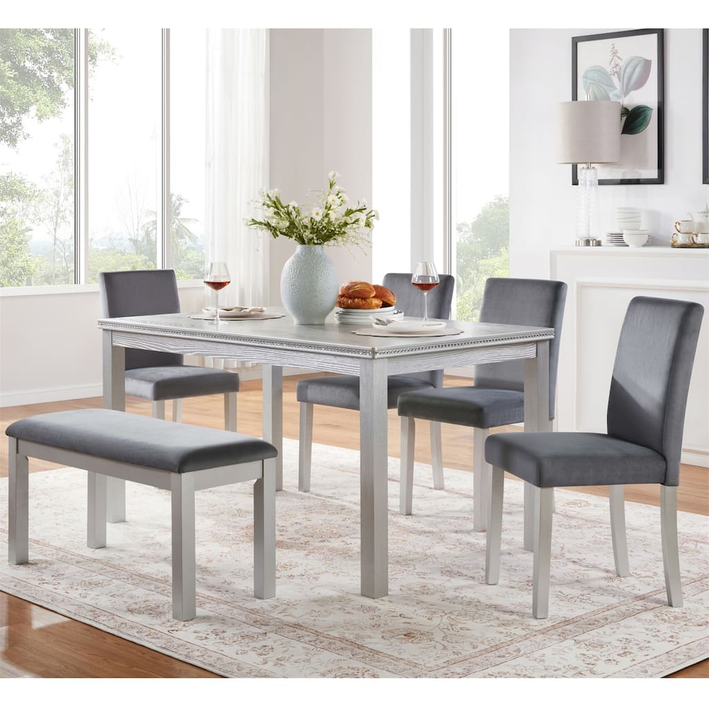 6 Piece Wooden Dining Table Set with 4 Upholstered Chairs and Bench for 6 People