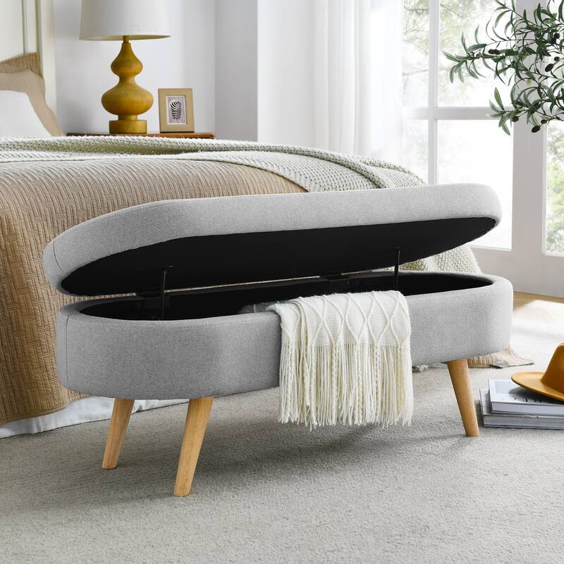 Roomfitters Oval Upholstered Storage Ottoman Bench with Rubber Wood Legs, Modern Entryway or Bedroom Seat